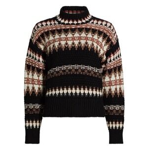 Splendid Henrietta Fair Isle Knit Mock Neck Sweater S Black Brown Cream